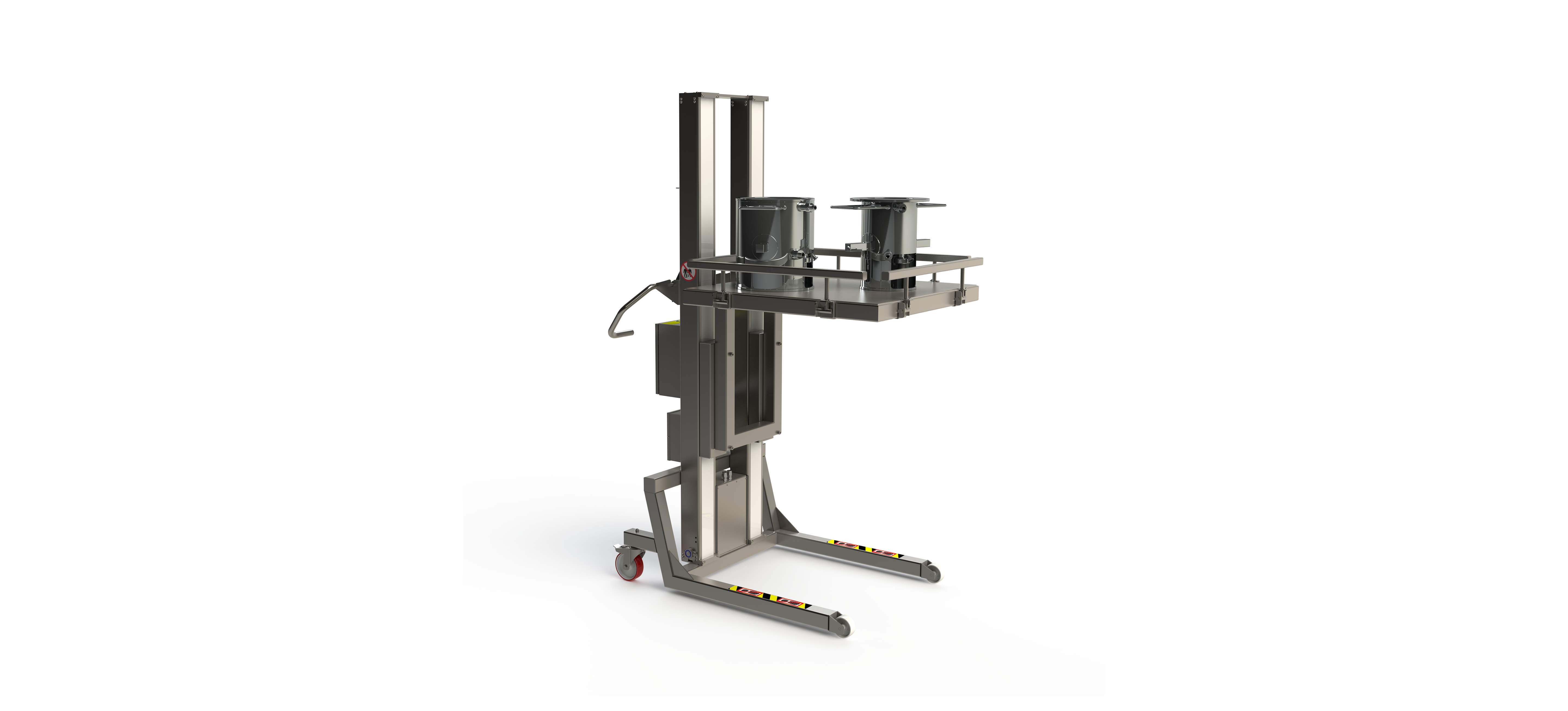 Lifting apparatus with a custom designed metal platform with a supportive railing. For lifting vessels in a pharmaceutic environment. 2Lift ApS.