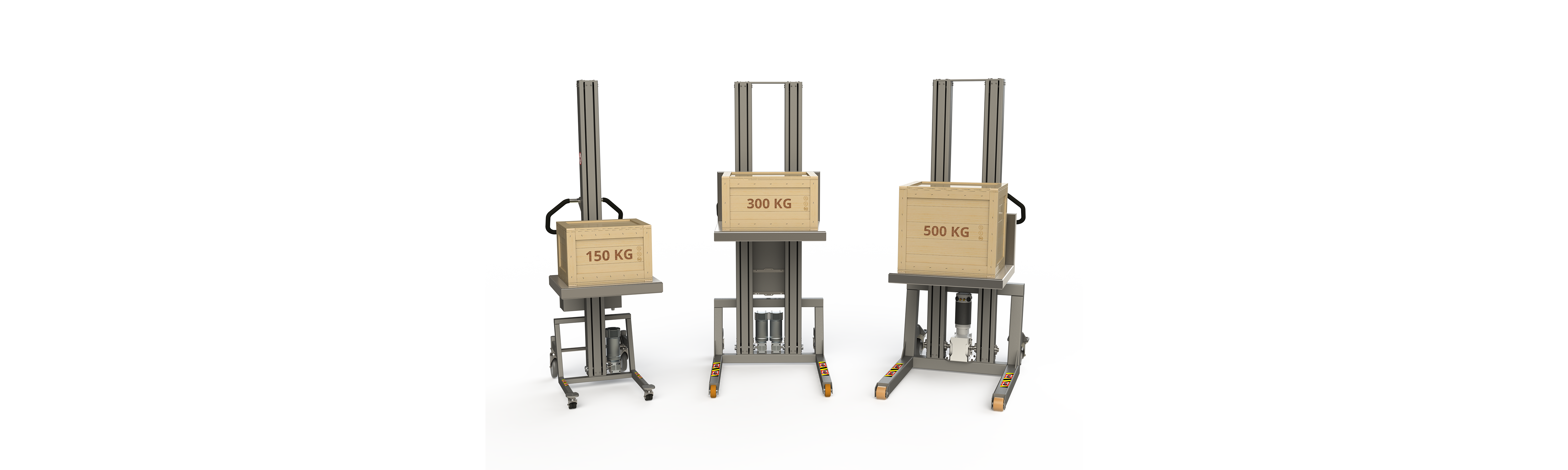 Strong lifting machinery carrying wooden boxes weighing 150 kg, 300 kg and 500 kg respectively.