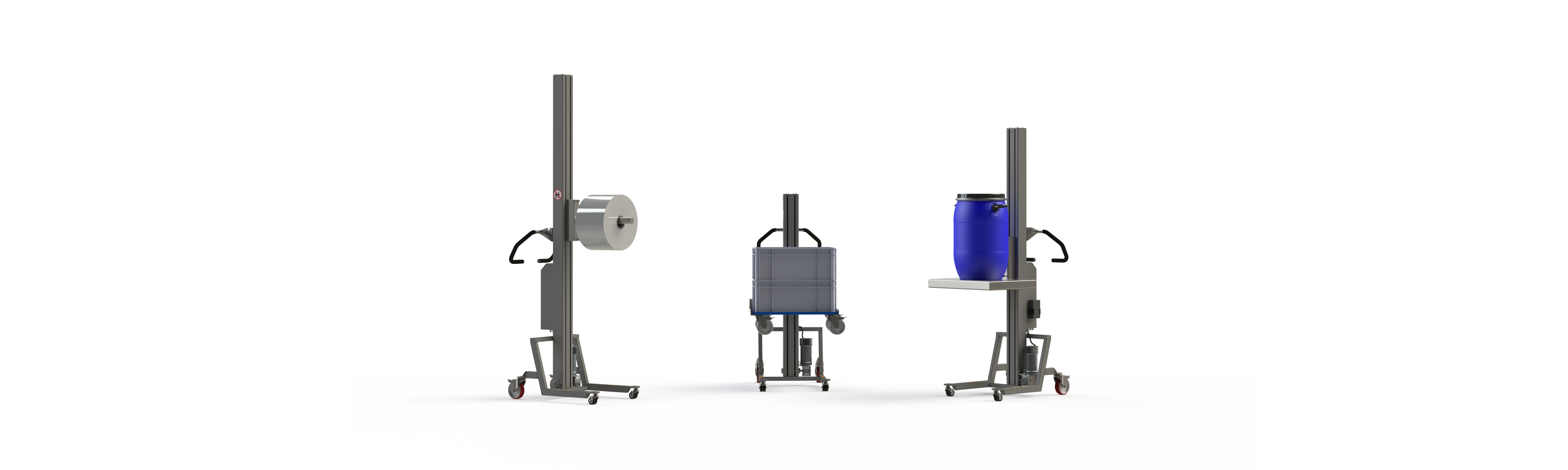 Three lightweight C-Line lifting machines lifting a paper roll with a mandrel, grey boxes with a fork and a blue drum with a platform.