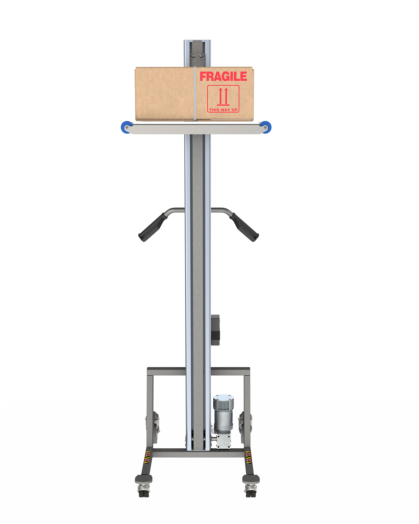 Electric lightweight lifter in aluminium with plastic platform for lifting boxes up to 80 kg.