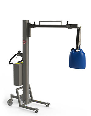 Customised lifting mechanism for gripping cans. The load is lifted via an electric gripper. 2Lift Aps.