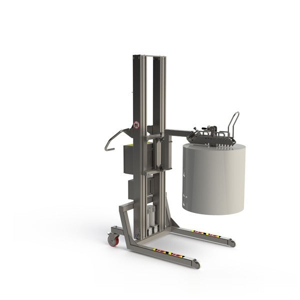 Hygienic material lifting equipment for heavy rolls up to 200 kg. The manual roll manipulator allows the roll to turn sideways and tip forward.