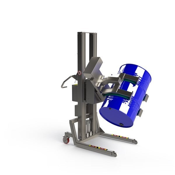 This barrel lifter is able to lift and rotate the load. On the lifter is mounted a rotation tool and a linear lift clamp.
