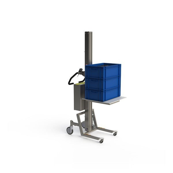 Fully electric storage material handling equipment with a nylon platform for handling e.g. boxes.