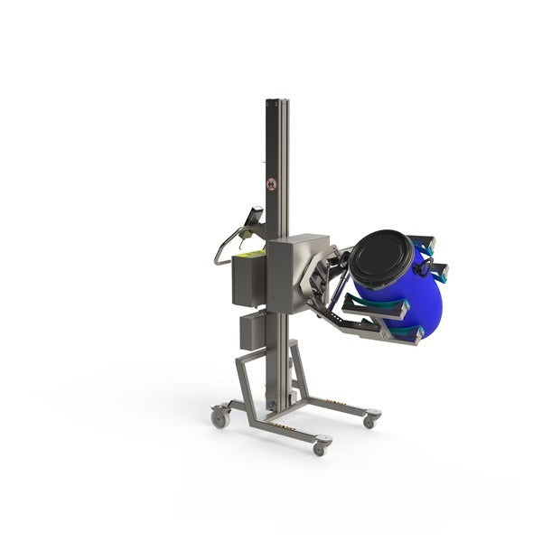 Stainless steel barrel and drum lift. The lifter tool, a scissor lift clamp, combined with a rotation unit allows for both lifting and turning the load.