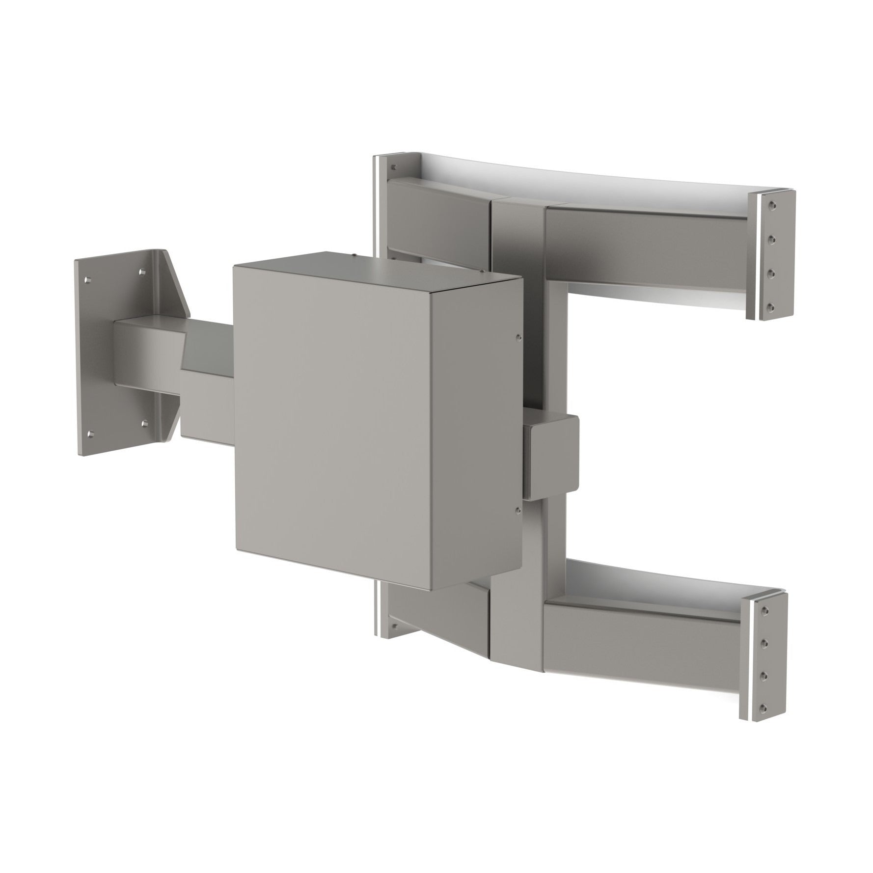 The electric tipping unit (ETU) is able to tip heavy loads forward in a controlled manner. This tipping tool is typically combined with a linear clamp and mounted on drum lifting equipment or roll lifters. From behind, picture 1.