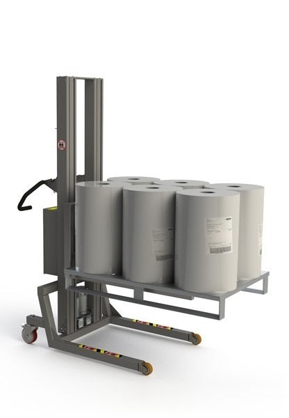 Industrial, electric pallet lifter using a fork to lift a pallet with six large, heavy rolls. 2Lift.