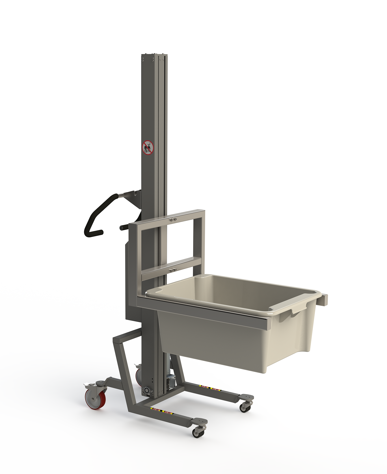 Electric lifter soulution with a fork that lifts a white box.