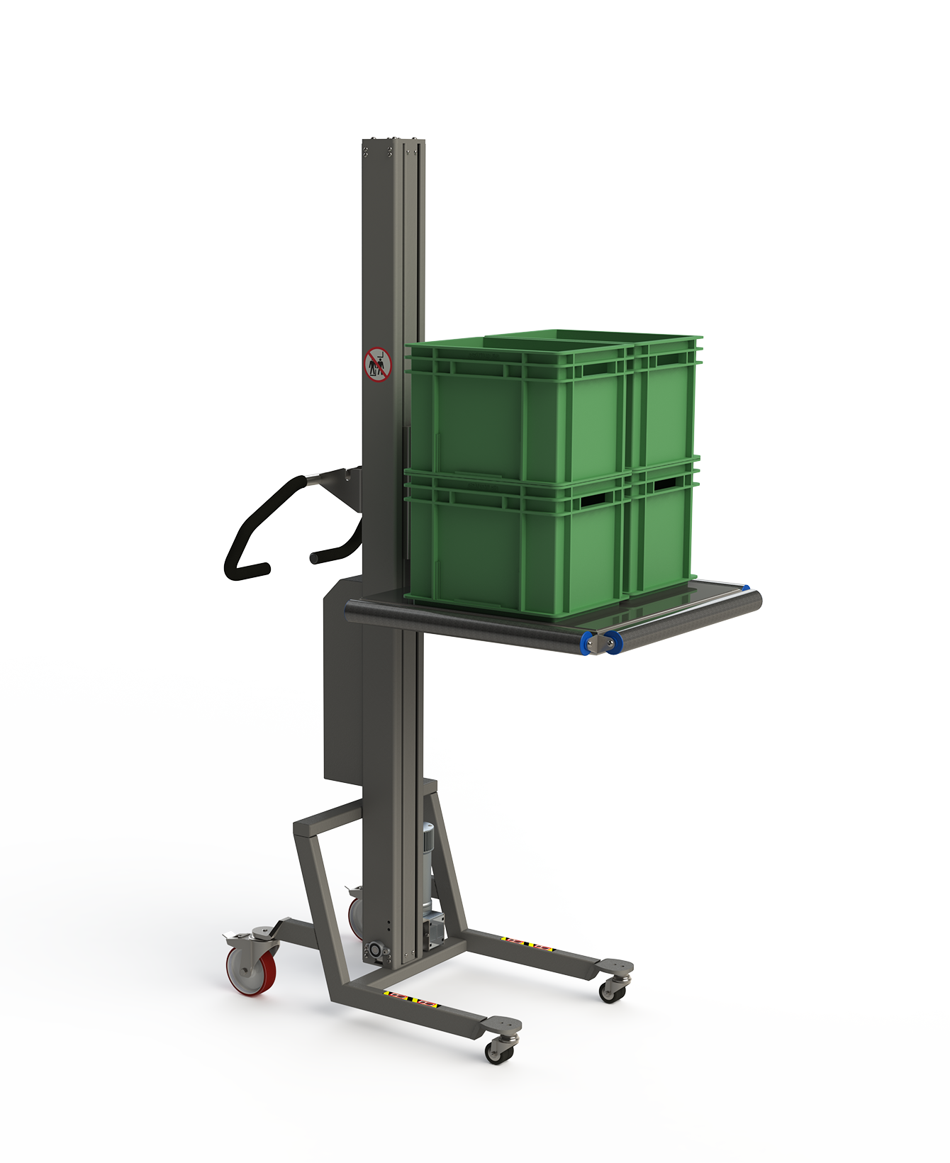 Material handling machinery for storage featuring a platform with rollers at the edges to ease loading and off-loading. On the platform are two green plastic boxes.