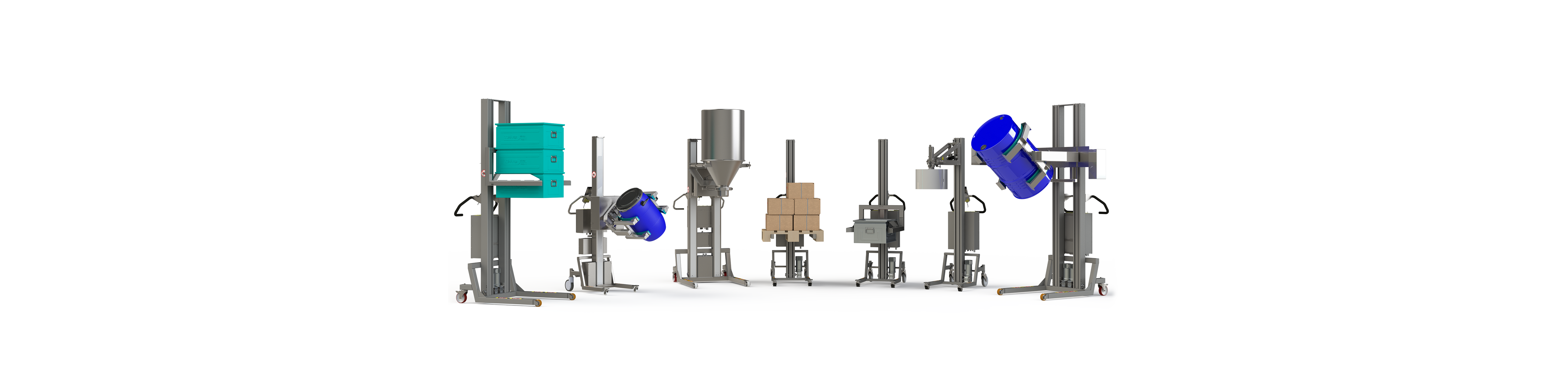 Material handling lift for lifting and handling rolls / reels, drums, pallets, and boxes.