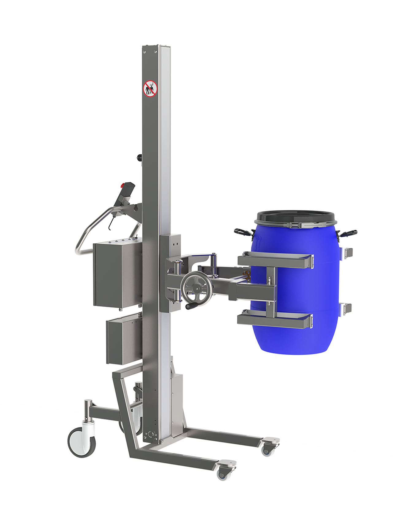 Manual clamp with spindle holding a blue plastic drum on a 150 kg mini lifter ideal for cleanroom use.