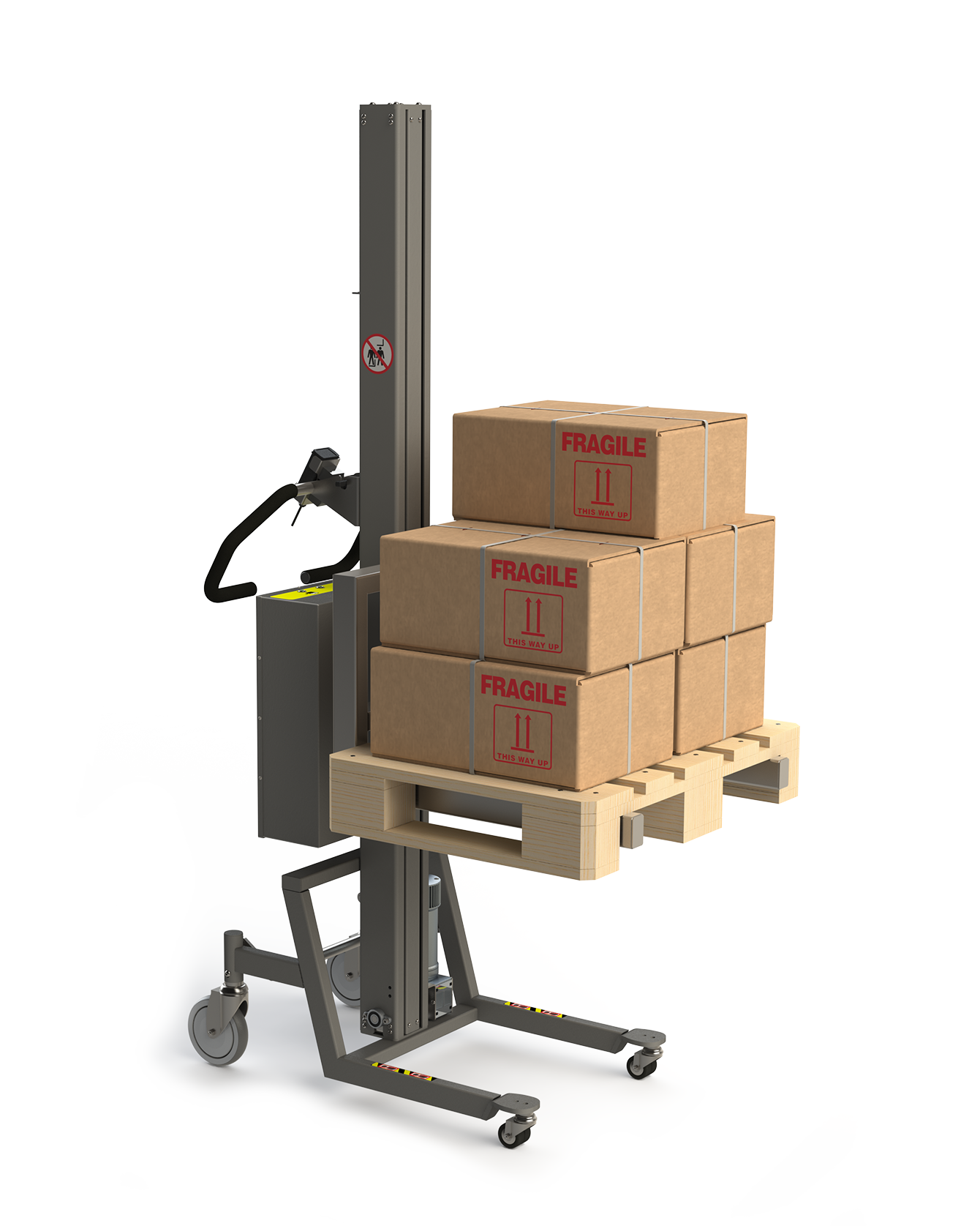 A lightweight pallet lifter equipped with a fork and half a Euro-pallet with 5 cardboard boxes.