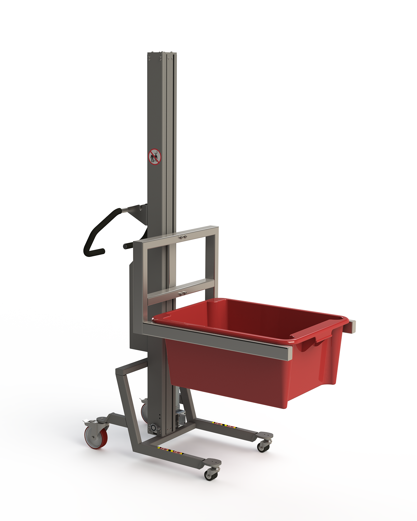 On this industrial lifting device we have attached a simple fork to lift e.g. boxes and pallets. Here it is handling a red plastic box.