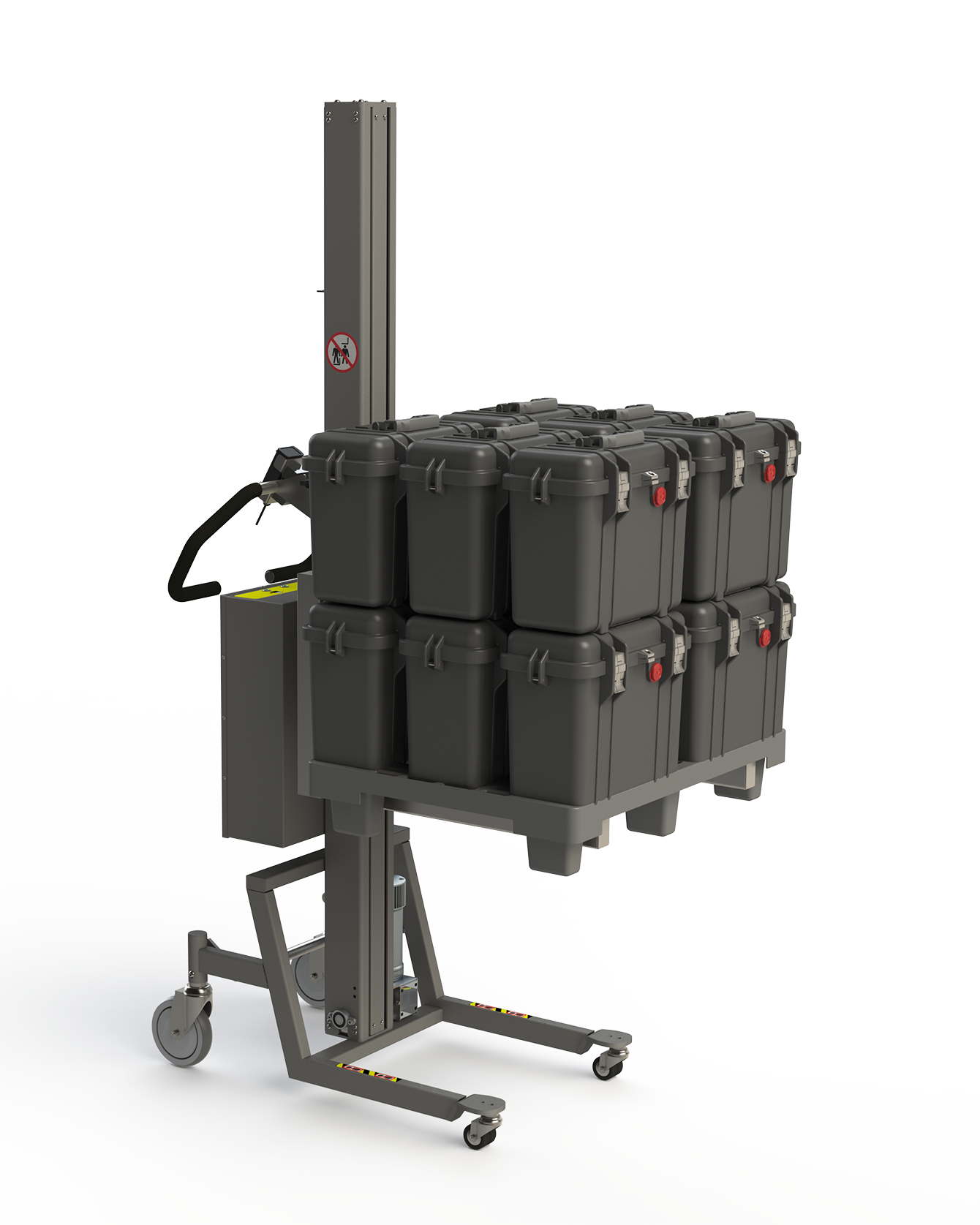 This lightweight electric fork lift is able to lift loads such as pallets up to 130 kg. Here the lifter is lifting a pallet with boxes. 2Lift.