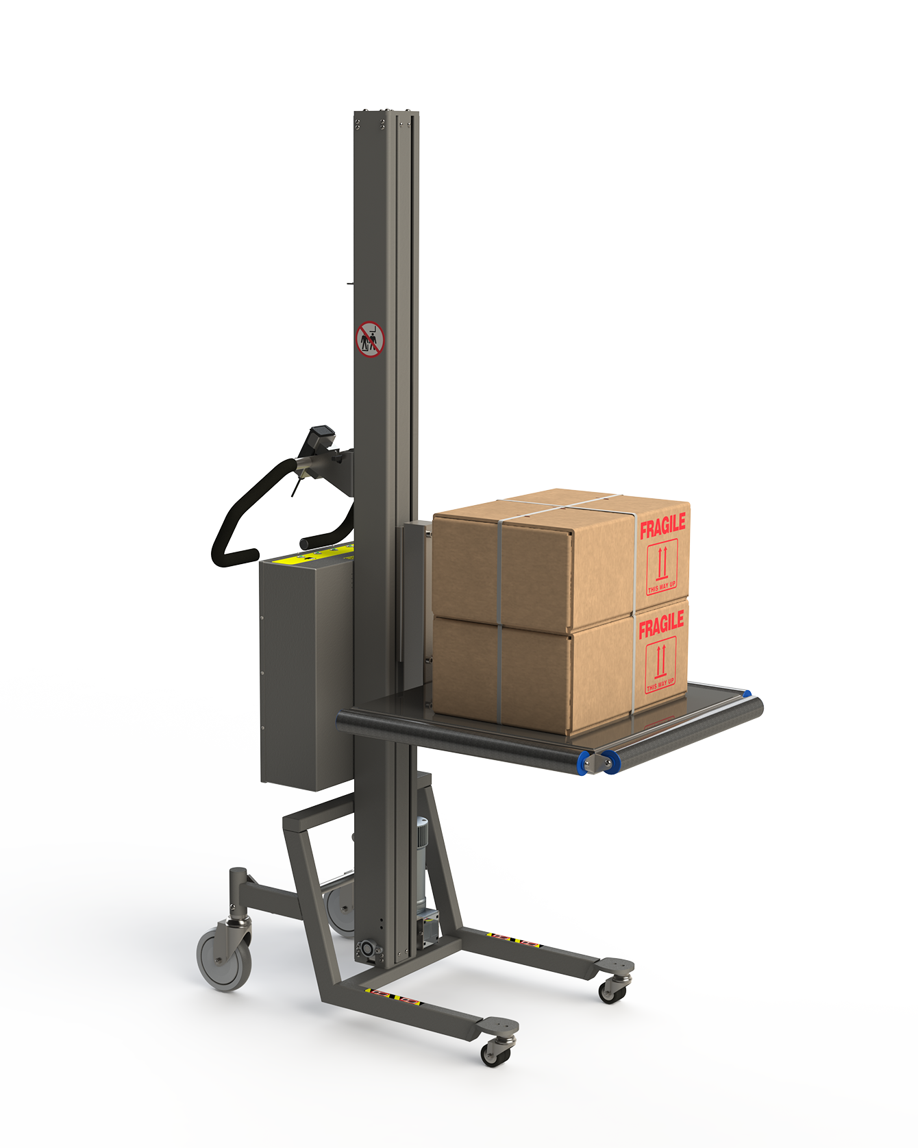 Industrial platform lifter with platfom rollers and cardboard boxes.