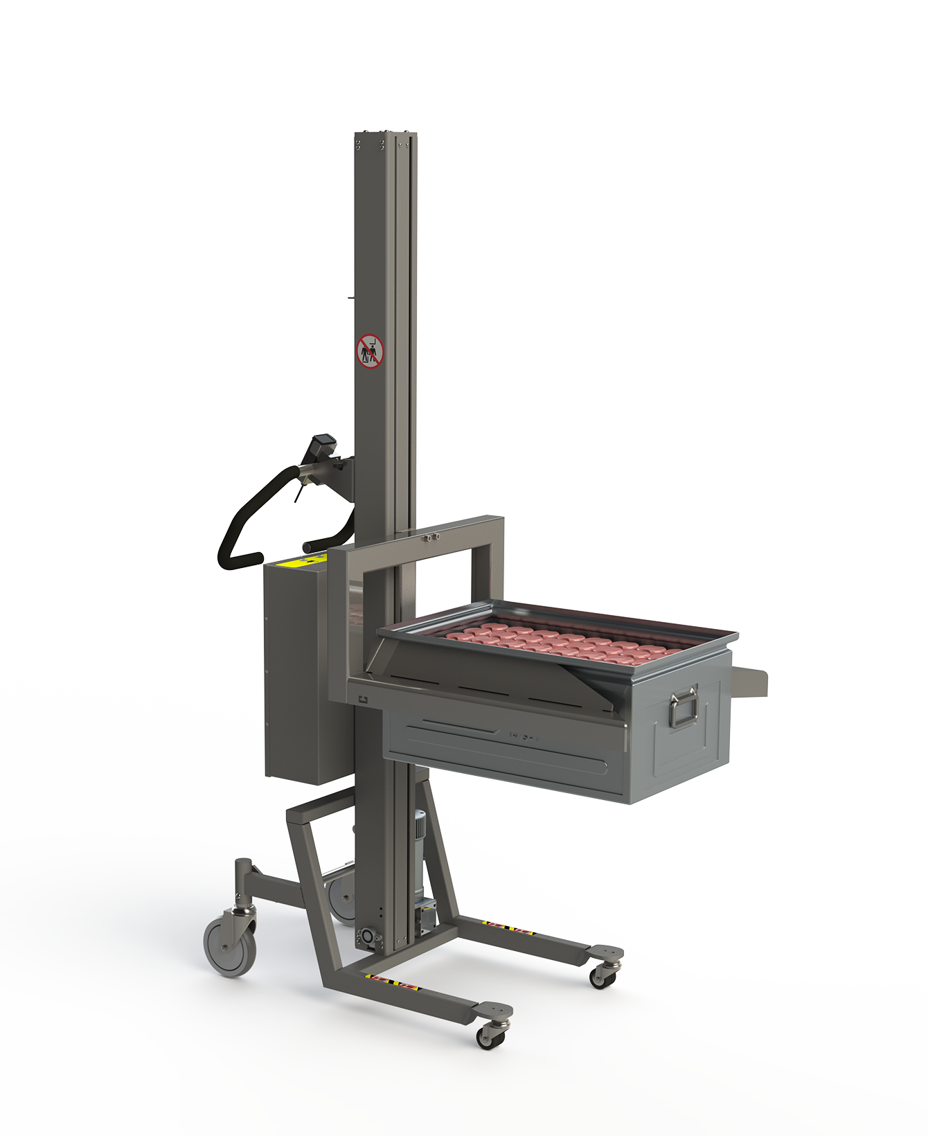 On this industrial lifting solution, a vertical lift in stainless steel is mounted a fork with tilting support (self-clamping edges) ideal for handling metal boxes.