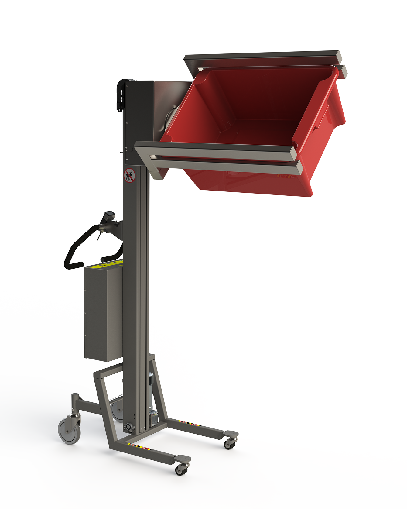 An intelligent material handling lift for lifting and turning boxes. A special double fork will hold the box in place via its edges.