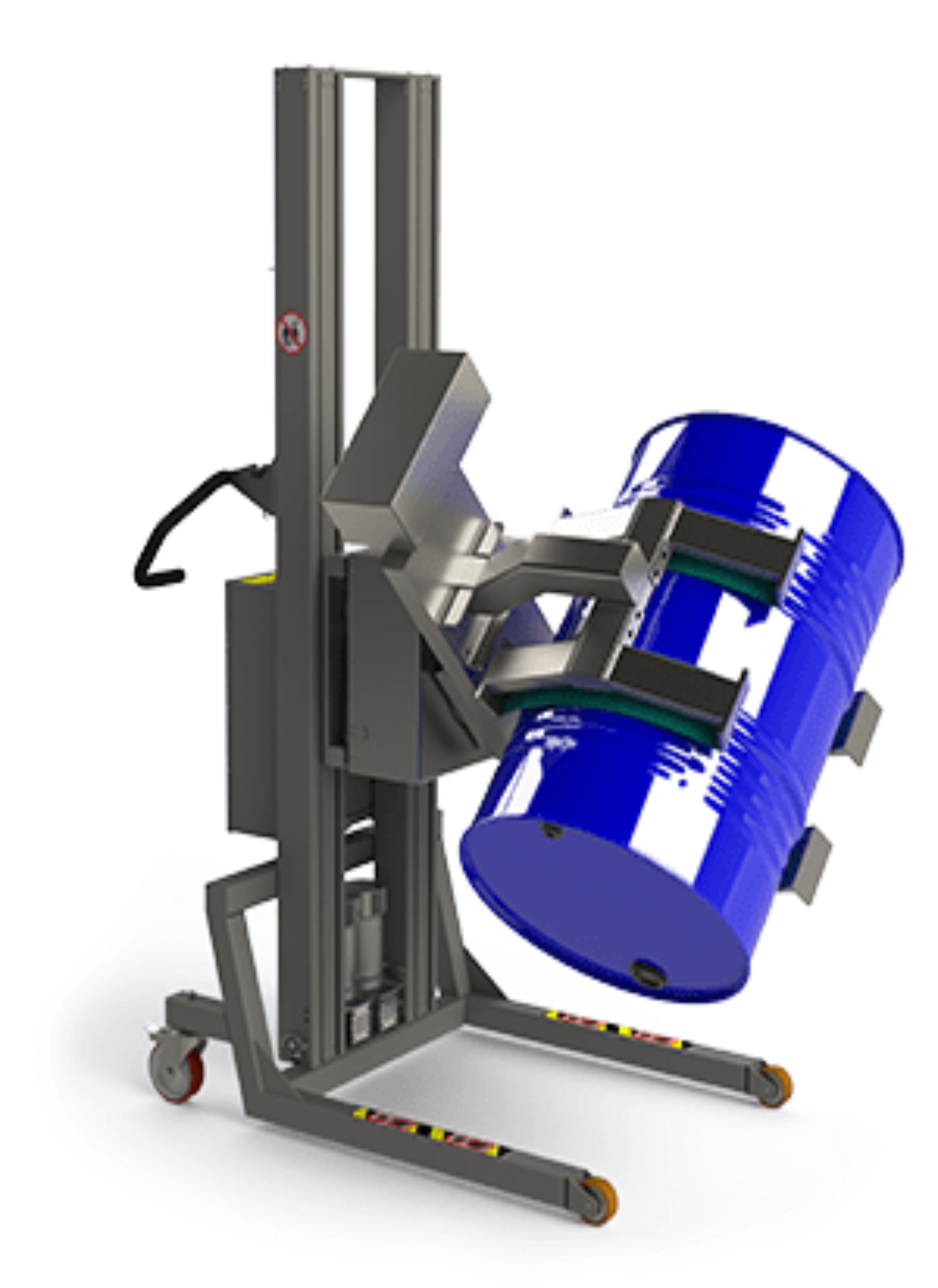 Fully electric industrial drum lifter handler with rotation unit and a linear lifter clamp for external holding of the drum or barrel.