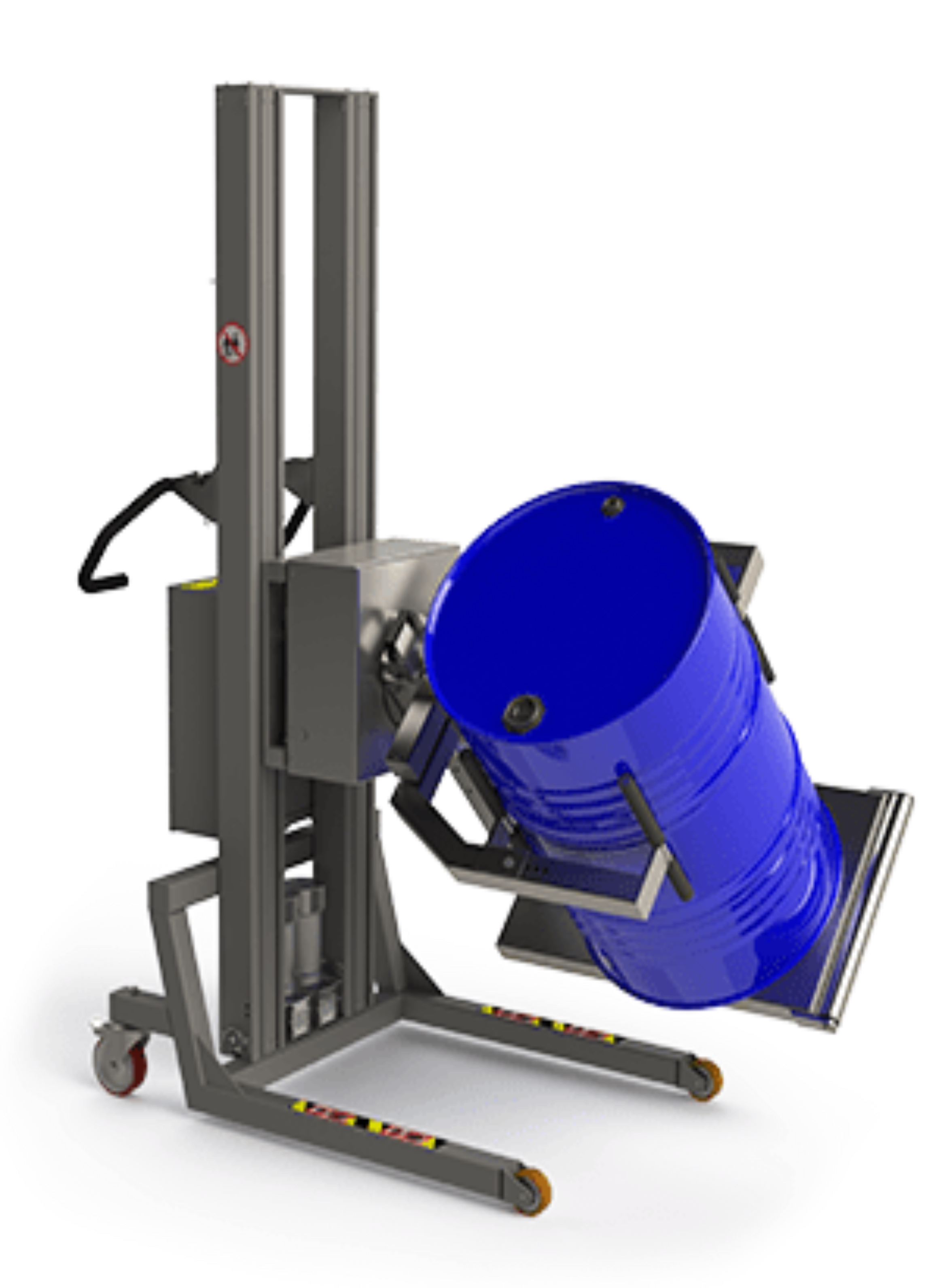 This barrel and drum lifter with grippers and a supportive metal platform allows the drum or barrel to be gently turned without external pressure.
