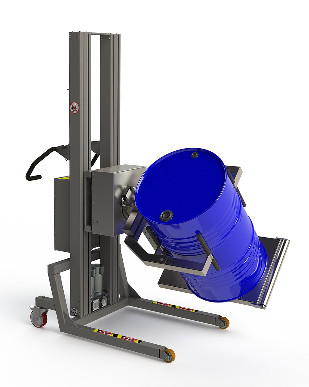 This barrel and drum lifter with grippers and a supportive metal platform allows the drum or barrel to be gently turned without external pressure.