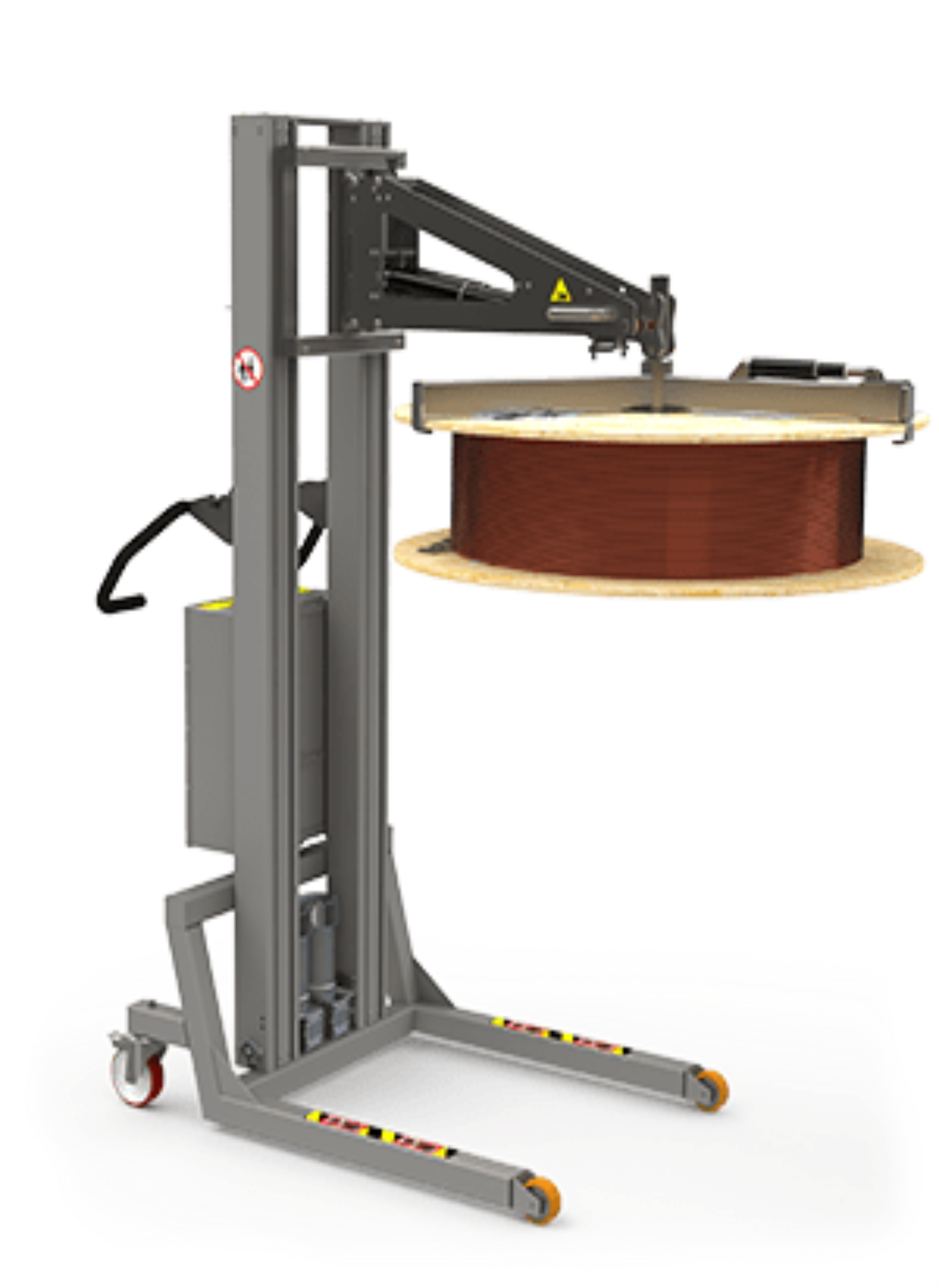 High quality electric reel handling solution for lifting and tipping heavy reels consisting of e.g. cables or wires.