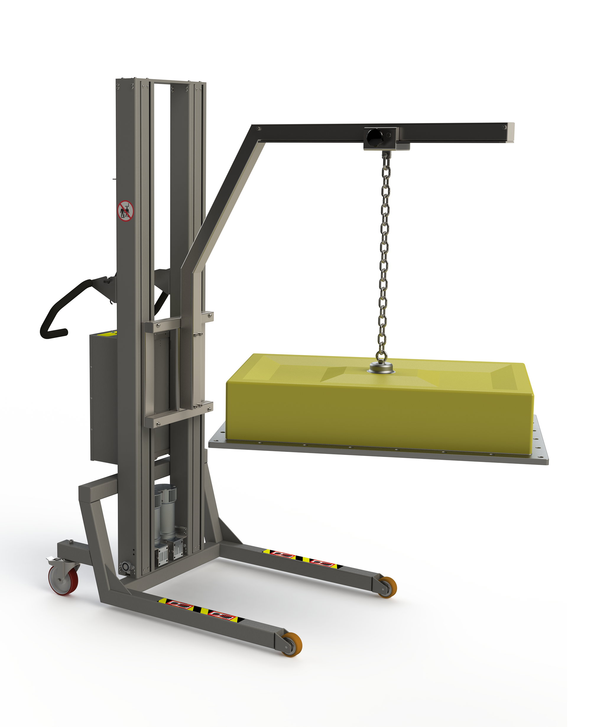 Custom designed crane lifter with a boom arm and rail system for lifting objects like heavy plates, here a machine cover. 2Lift ApS.