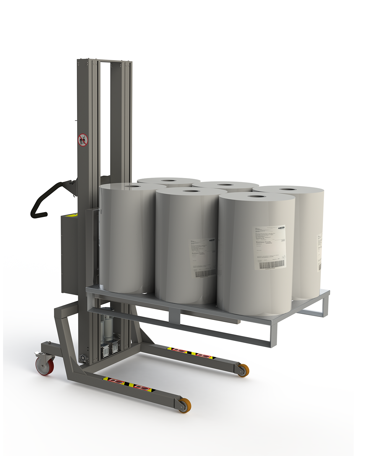 Industrial, electric pallet lifter using a fork to lift a pallet with six large, heavy rolls. 2Lift.
