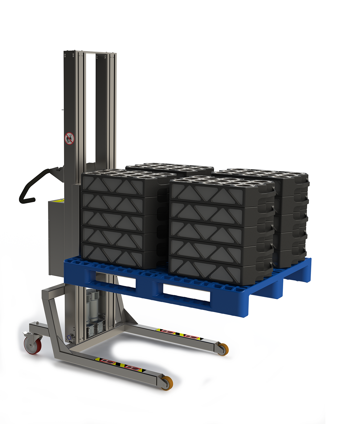 This vertical lift is ideal as pallet lifting equipment. Here a simple fork is used to lift a blue EUR 1 Euro-Pallet. 2Lift.