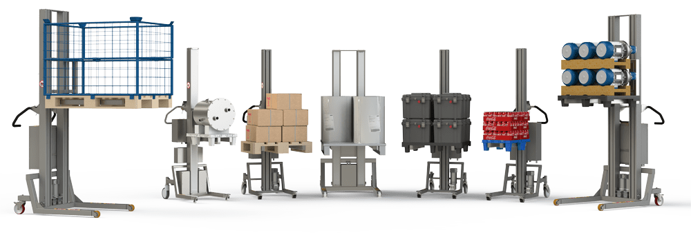 Display of flexible pallet lifter equipment in steel and stainless steel. 2Lift.