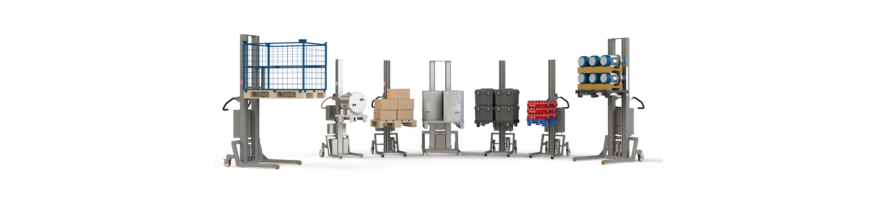 Display of flexible pallet lifter equipment in steel and stainless steel. 2Lift.