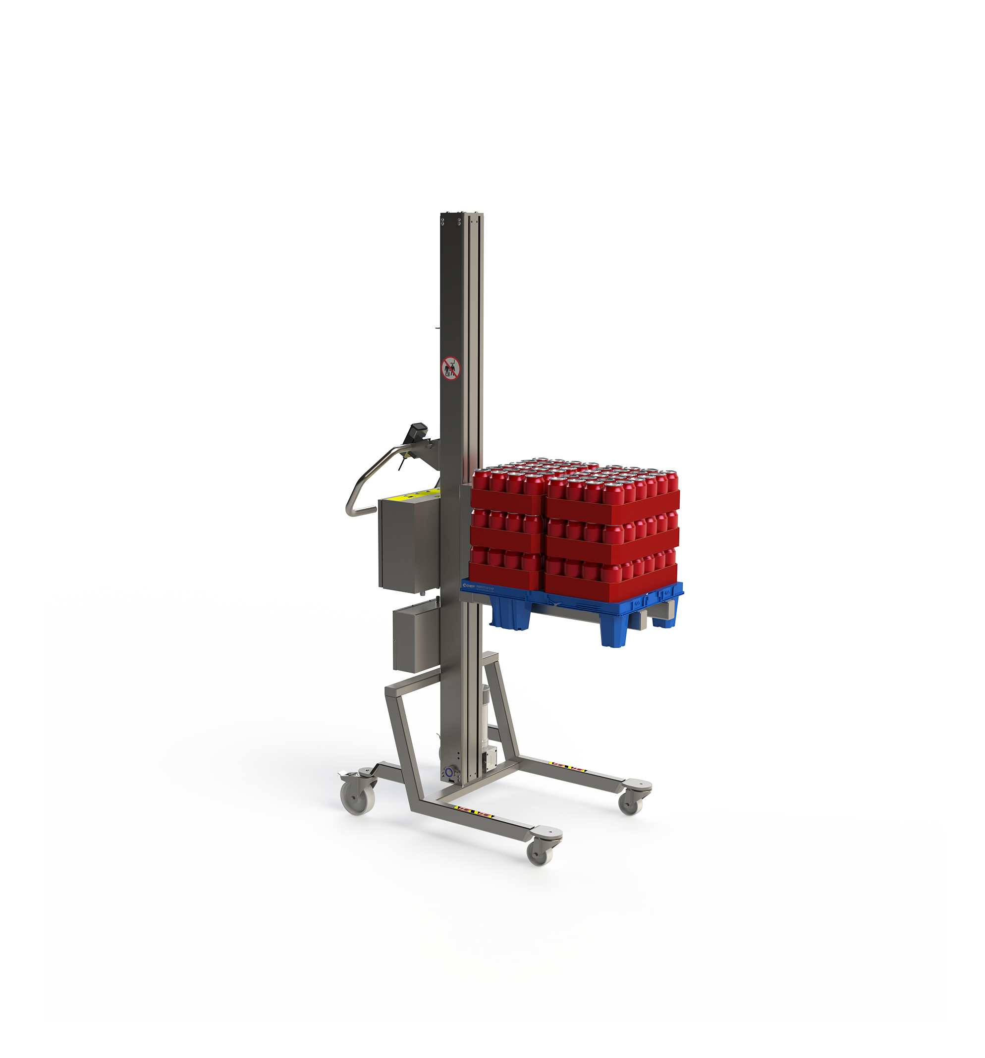 Electric lifter for the food and beverage industry capaple of lifting up to 150 kg. Here with a CHEP pallet with 6 cases of soda.