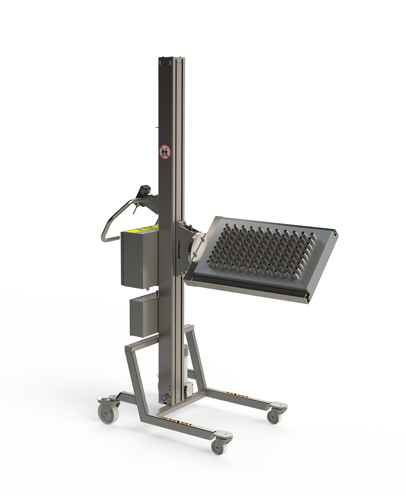 A customised lifting solution in stainless steel for the food and beverage industry. It features a special tool designed to lift and rotate a mould injector or chocolate former.