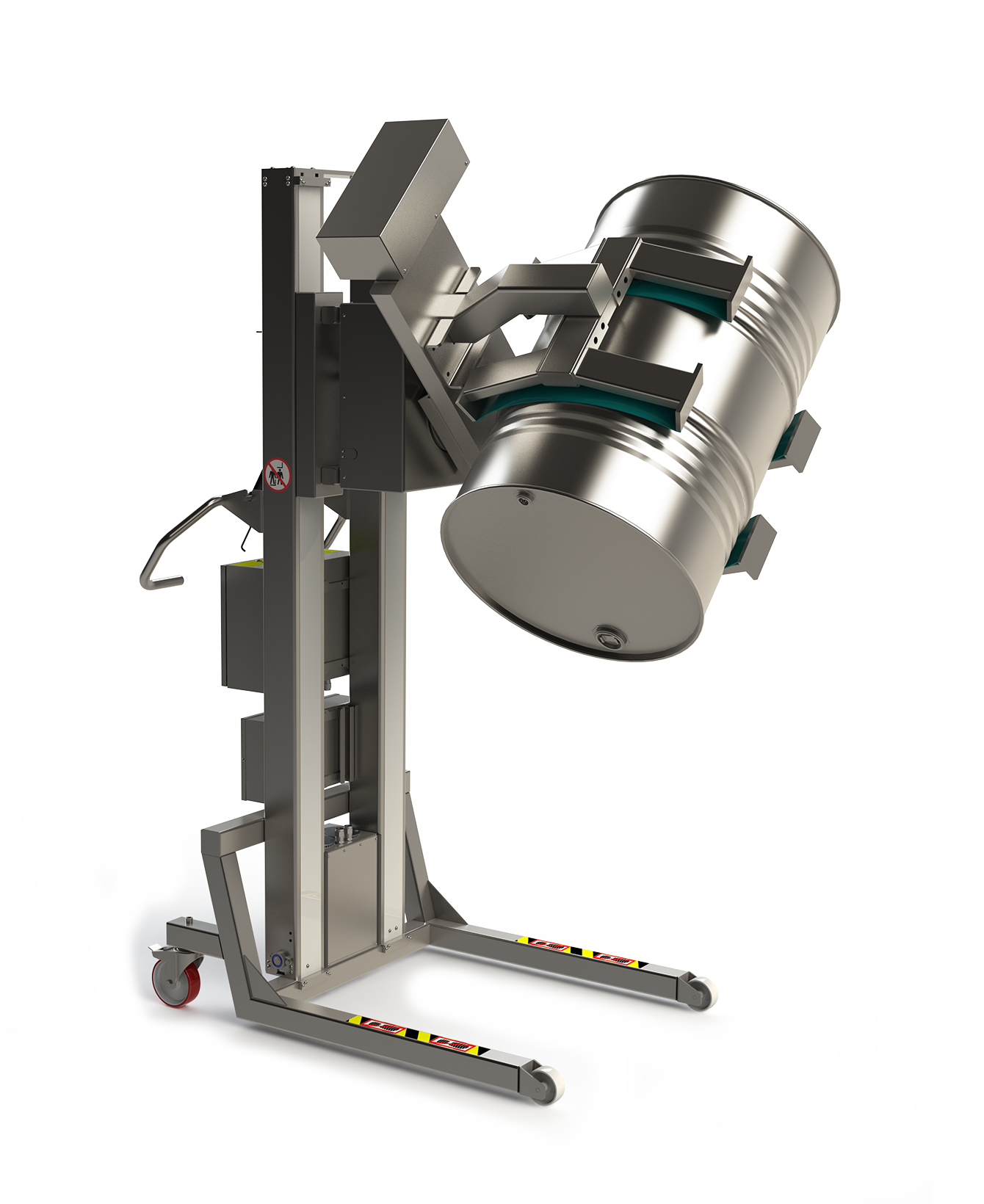 Electric drum lift in GMP compliant standards in stainless steel for cleanroom use. Linear clamp and rotation unit holding a stainless drum.