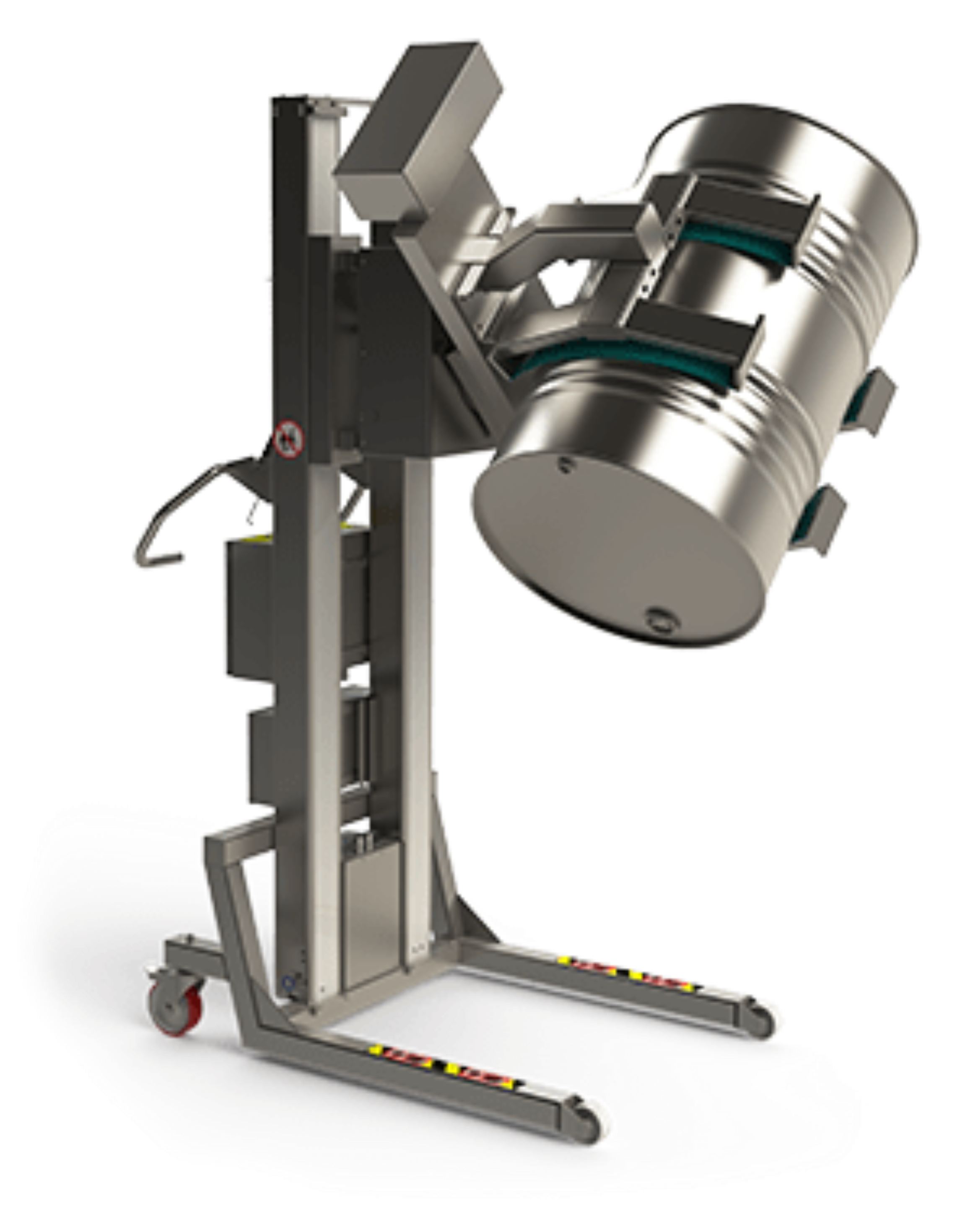 Electric drum lift in GMP compliant standards in stainless steel for cleanroom use. Linear clamp and rotation unit holding a stainless drum.