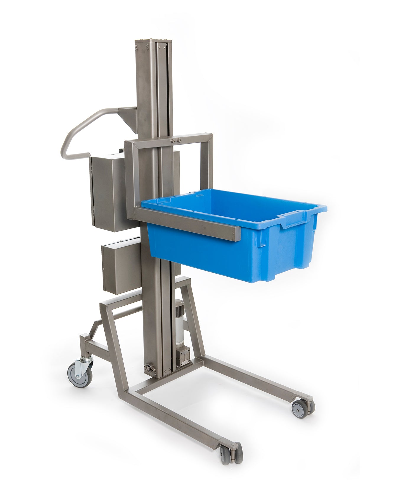 Lightweight electric box lifter with forks for lifting boxes from underneath the edge.