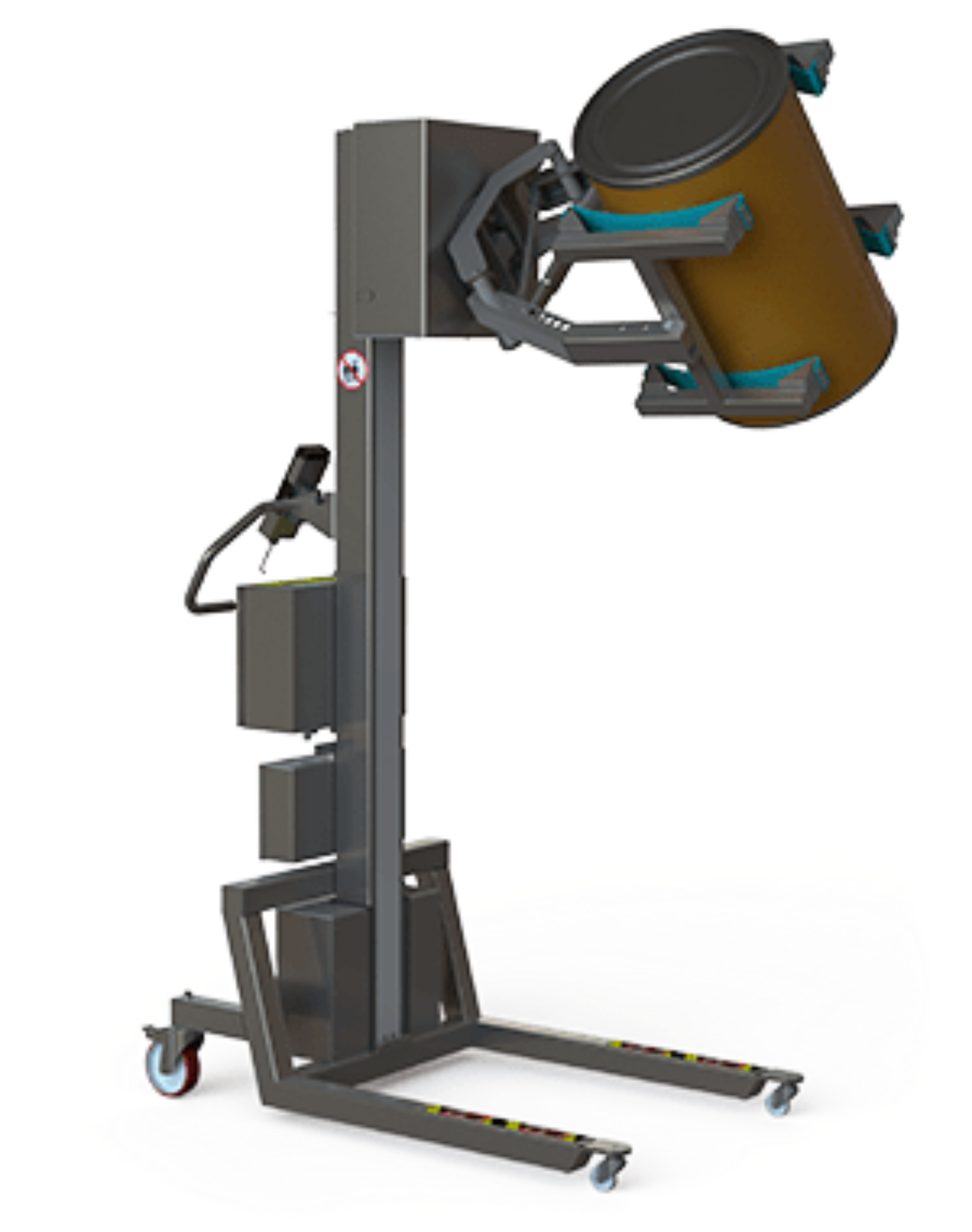 This stainless steel, clean room electric drum handler solution features a rotation unit and a scissor lifting clamp ideal for handling drums in pharmaceutical environments.