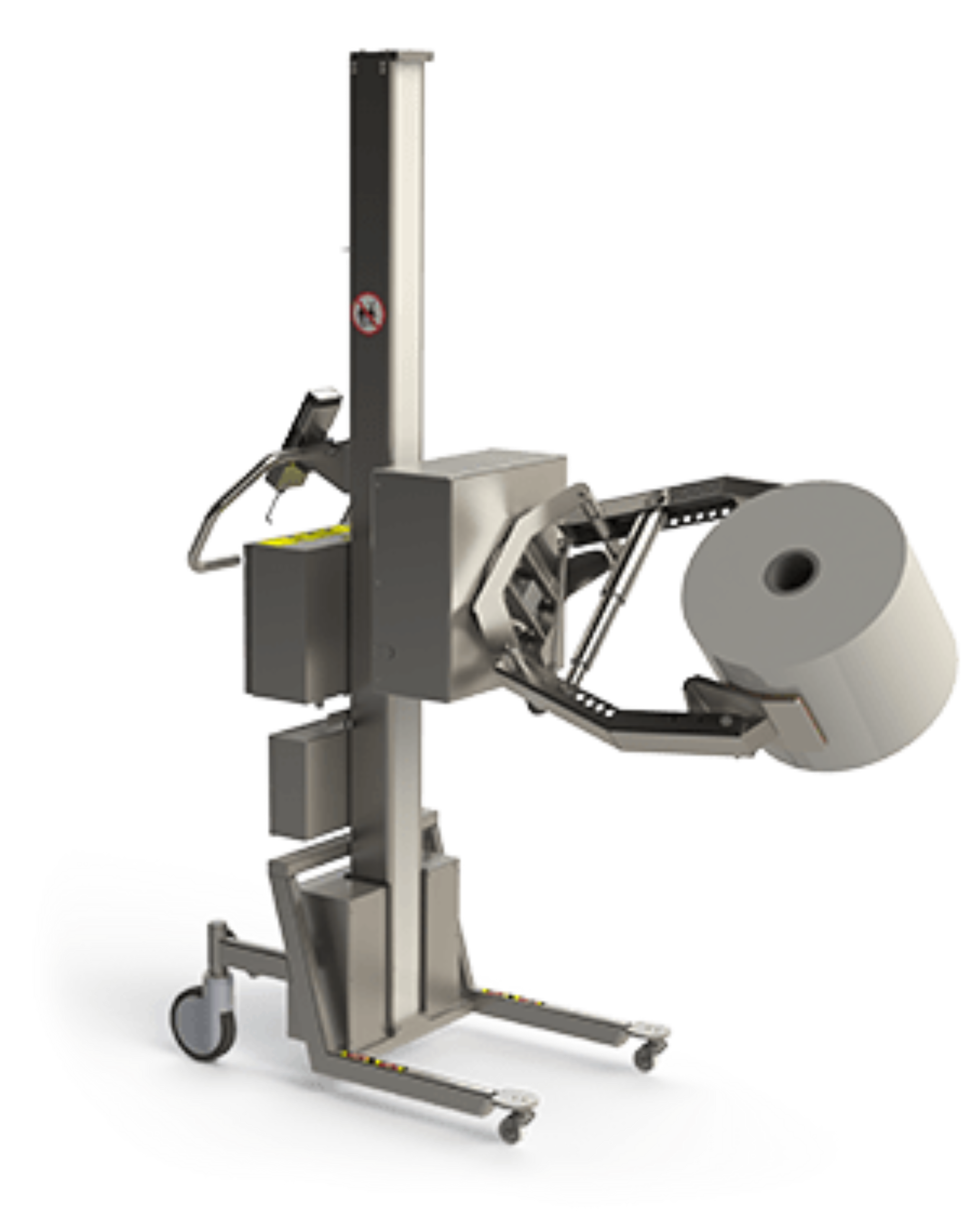 Electric roll lifting equipment for cleanroom use. Features a rotation unit and a scissor clamp for holding the roll.