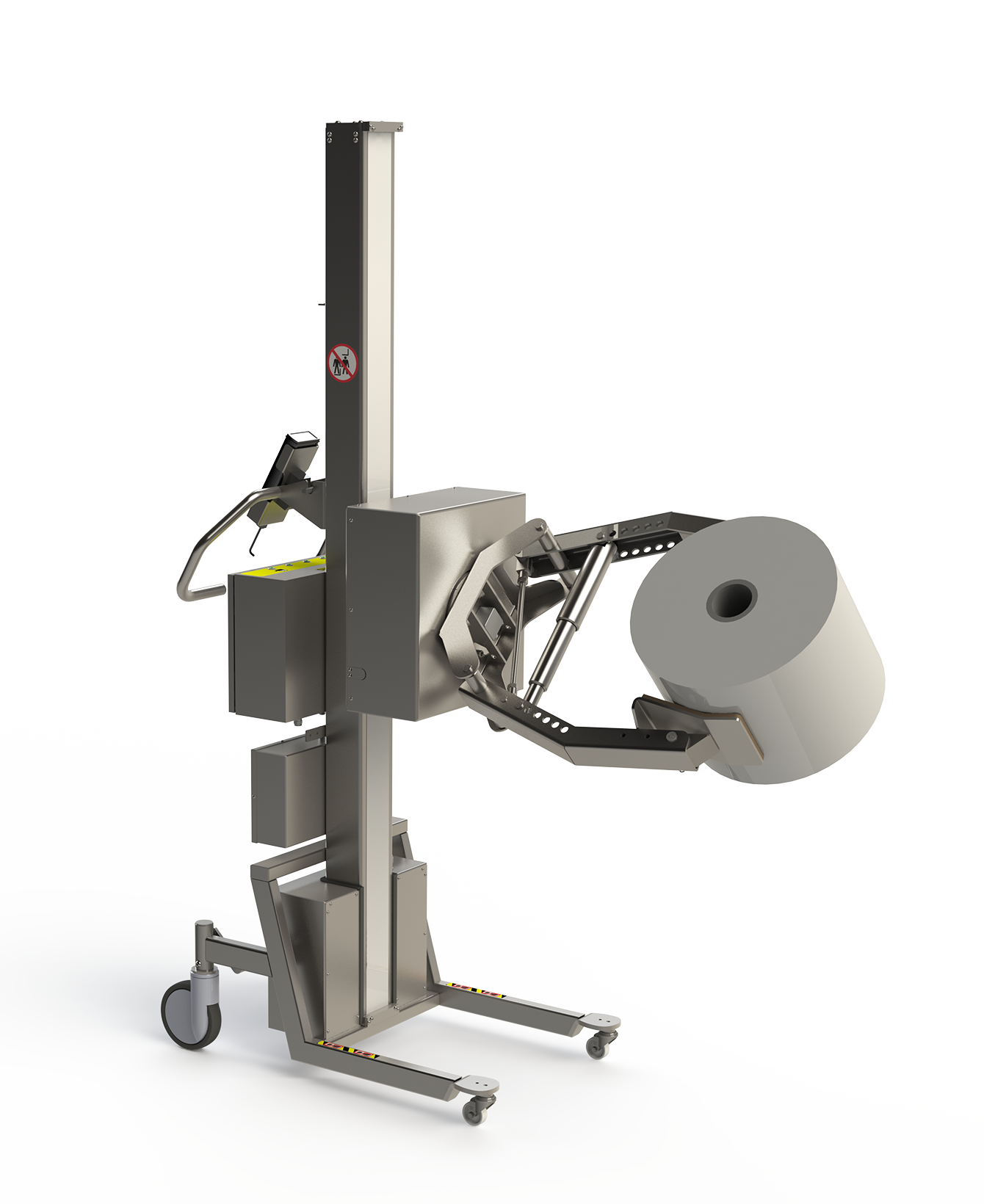 Electric roll lifting equipment for cleanroom use. Features a rotation unit and a scissor clamp for holding the roll.