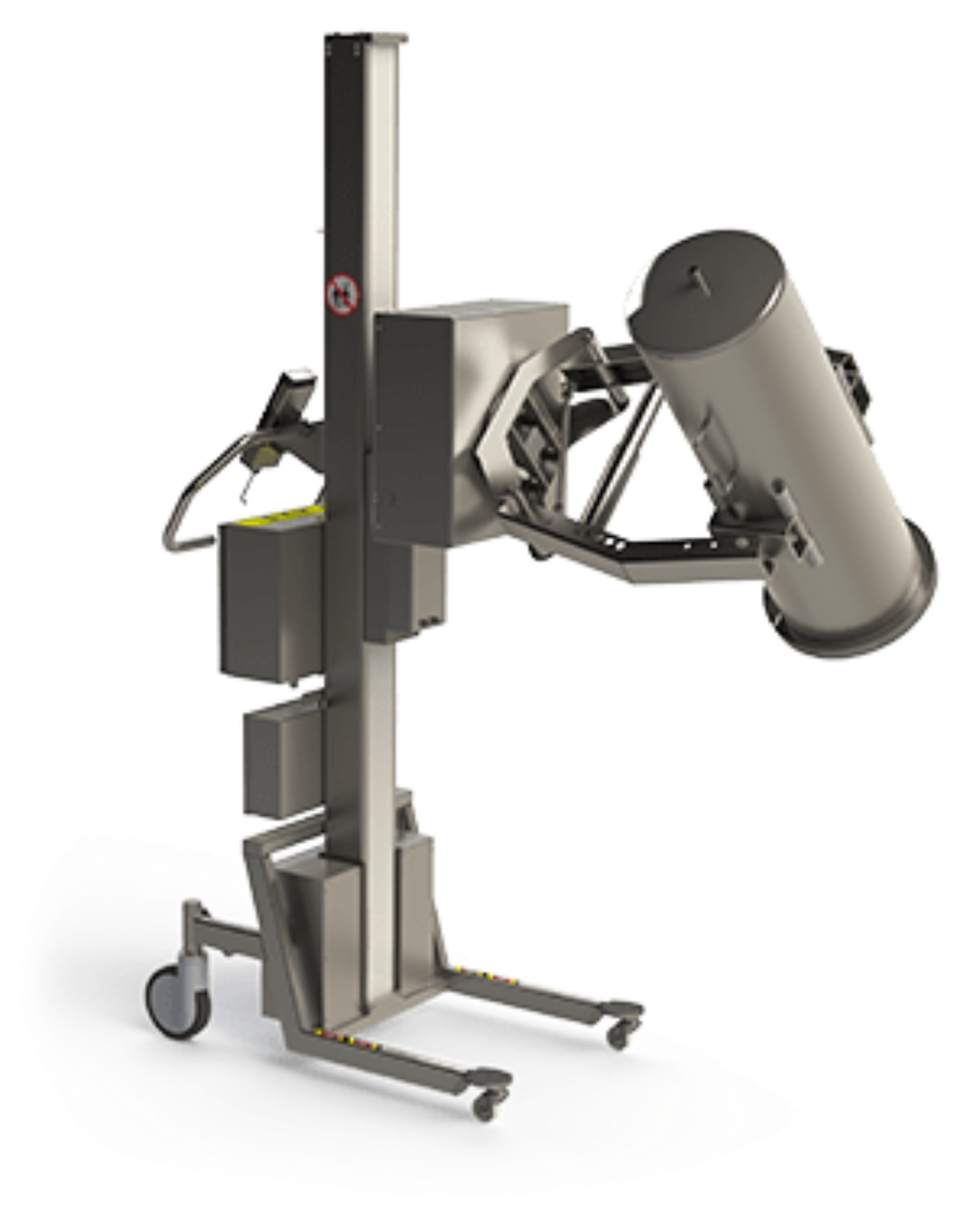 Bespoke cleanroom electric lifter for handling (lifting and rotating) a filter housing (cylinder object). The lifter tool consists of a rotation unit with a scissor lift clamp. 2Lift ApS.