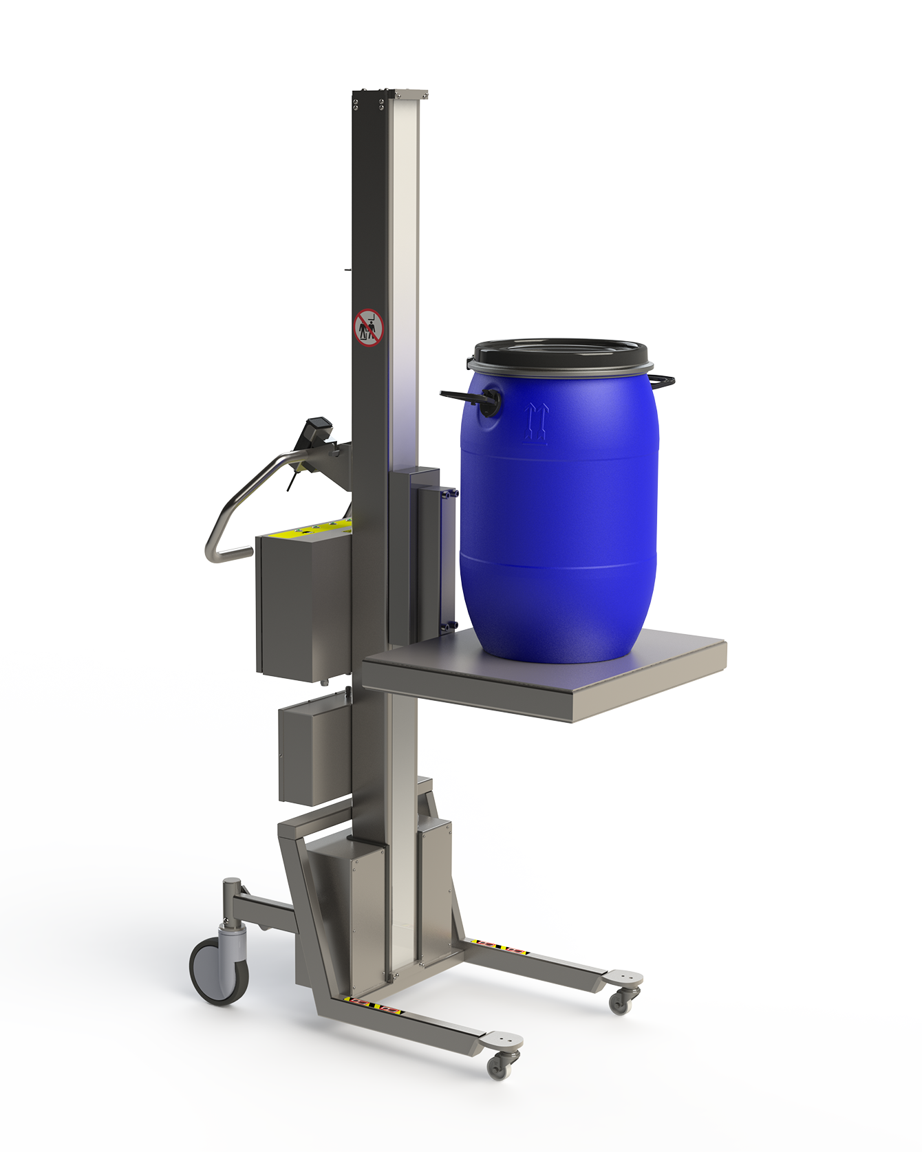 Electric and waterproof drum handler equipment fitted with a metal platform. The lifting is managed via a remote control.