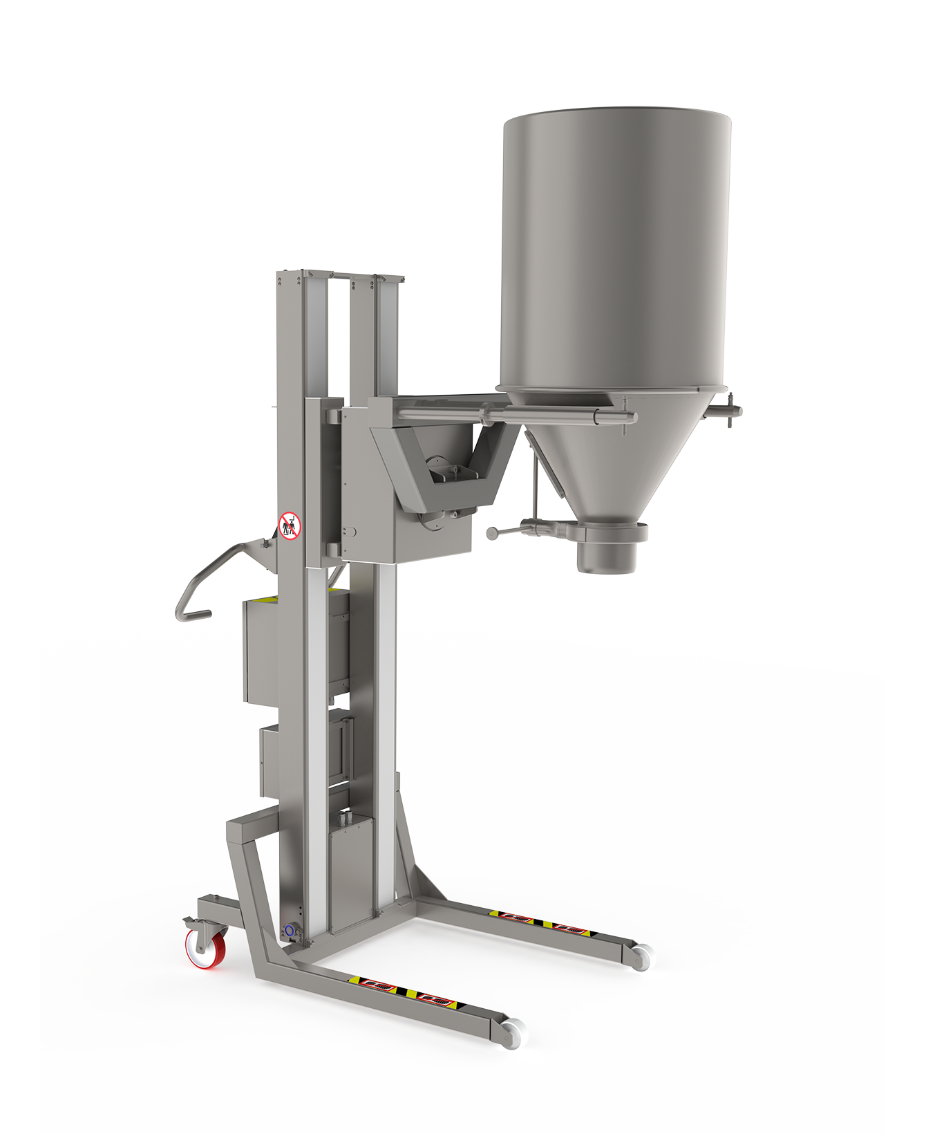 Customised clean room equipment with specially designed double mandrel for lifting, rotating and docking vessel. 2Lift ApS.