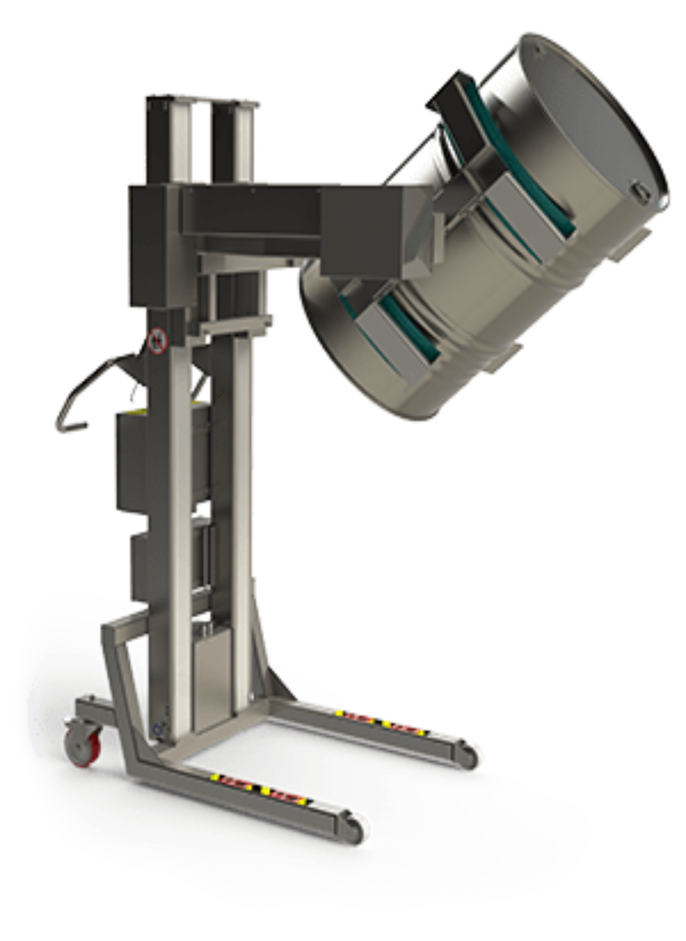 Electric drum lift in GMP compliant standards in stainless steel. A linear clamp and tipping unit allows the drum or barrel to both be lifted and tilted forward.