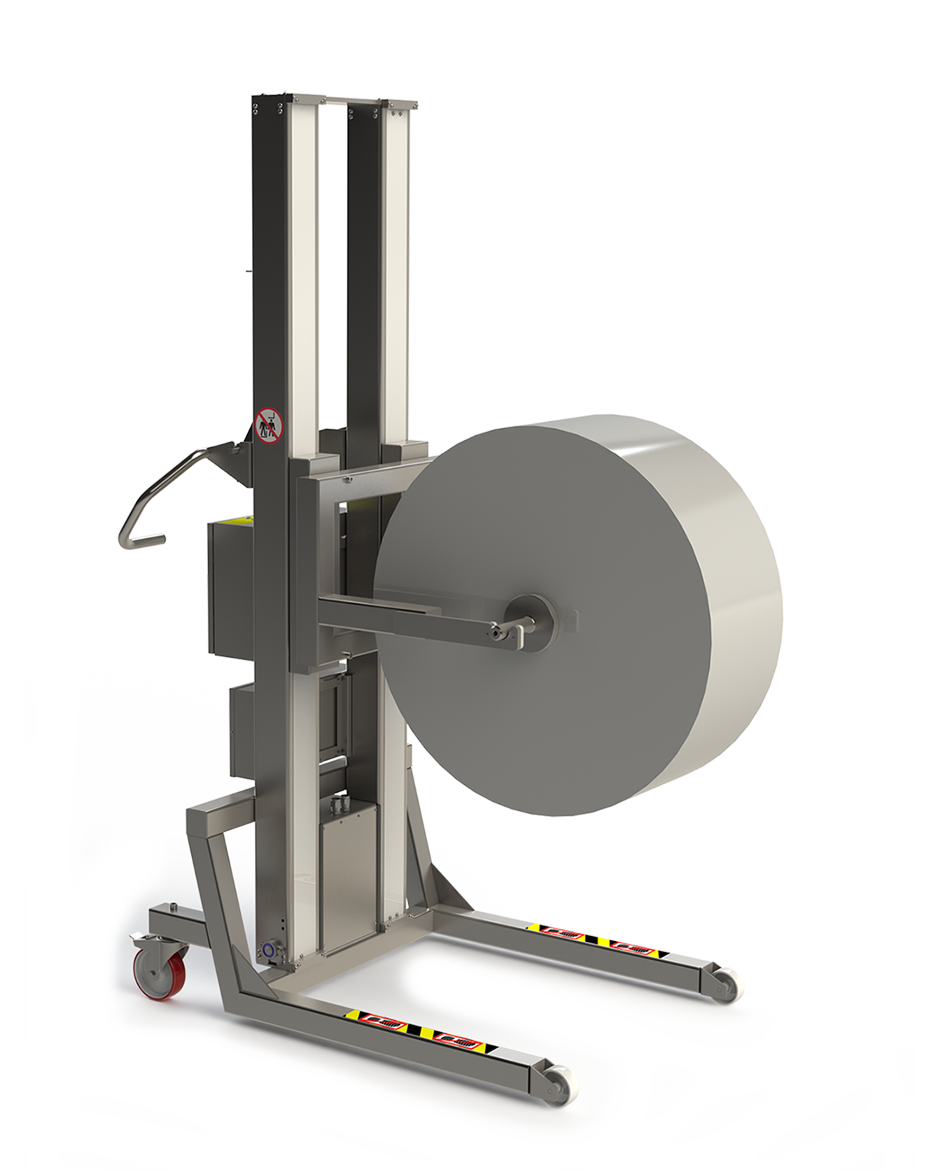 On this piece of stainless steel roll lifting equipment for cleanroom, we have added a special lifting tool, a fork with notches. This tool will carry the roll via a shaft.