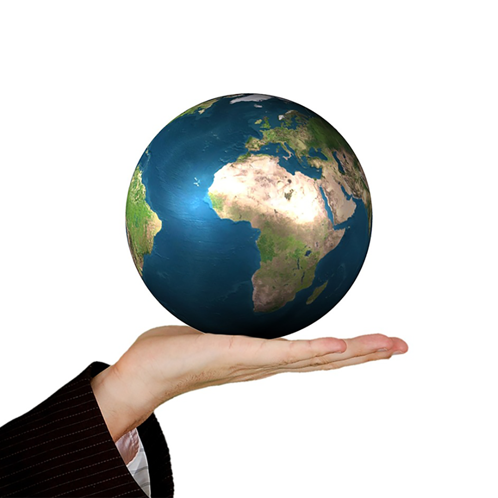 About us, 2Lift, a material handling company. Image of a male hand holding the Earth.