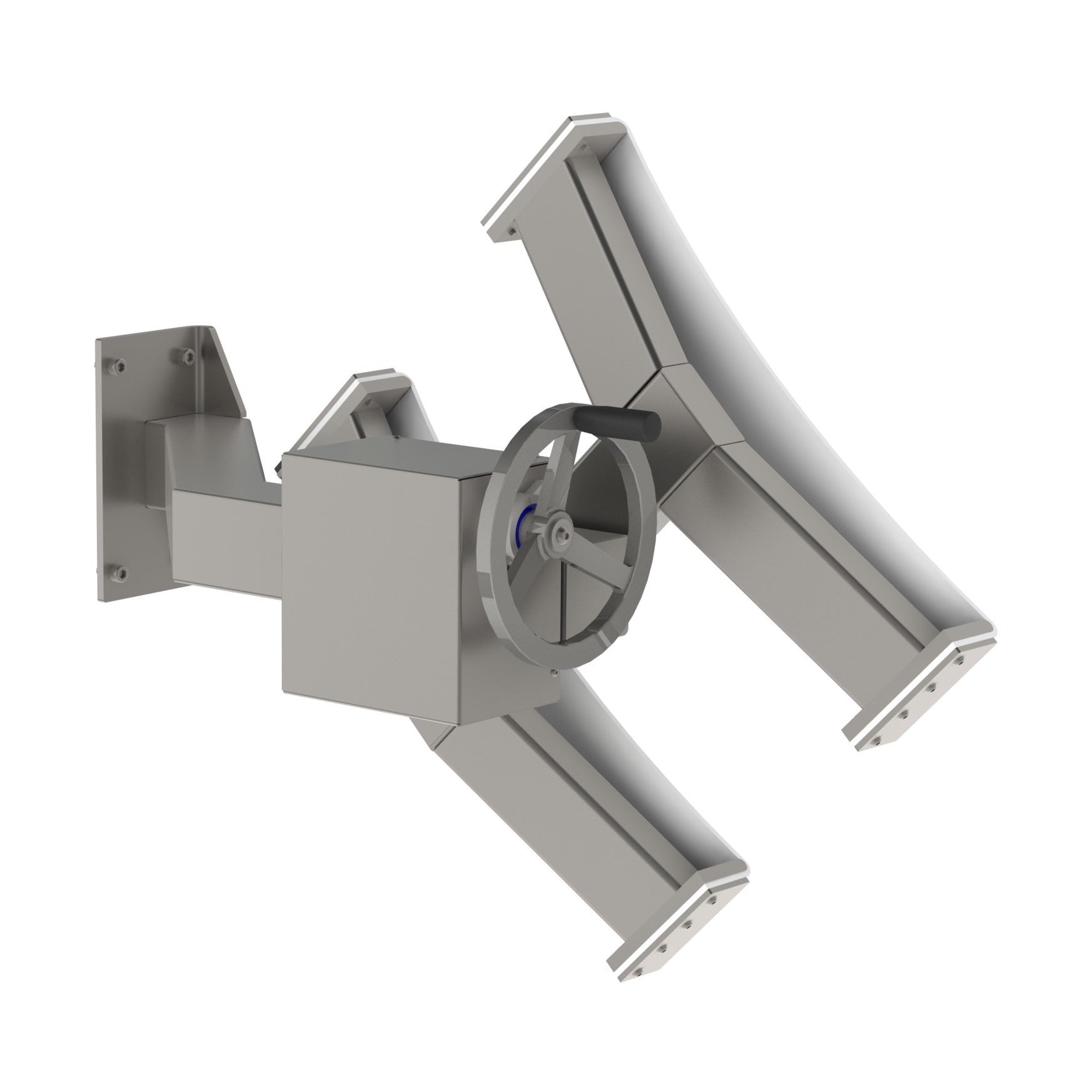 This manual tipping unit (MTU) mounted on roll or drum lifts allows for safe forward tipping of loads. The motion is carried our via a handle. From the back, picture 1.