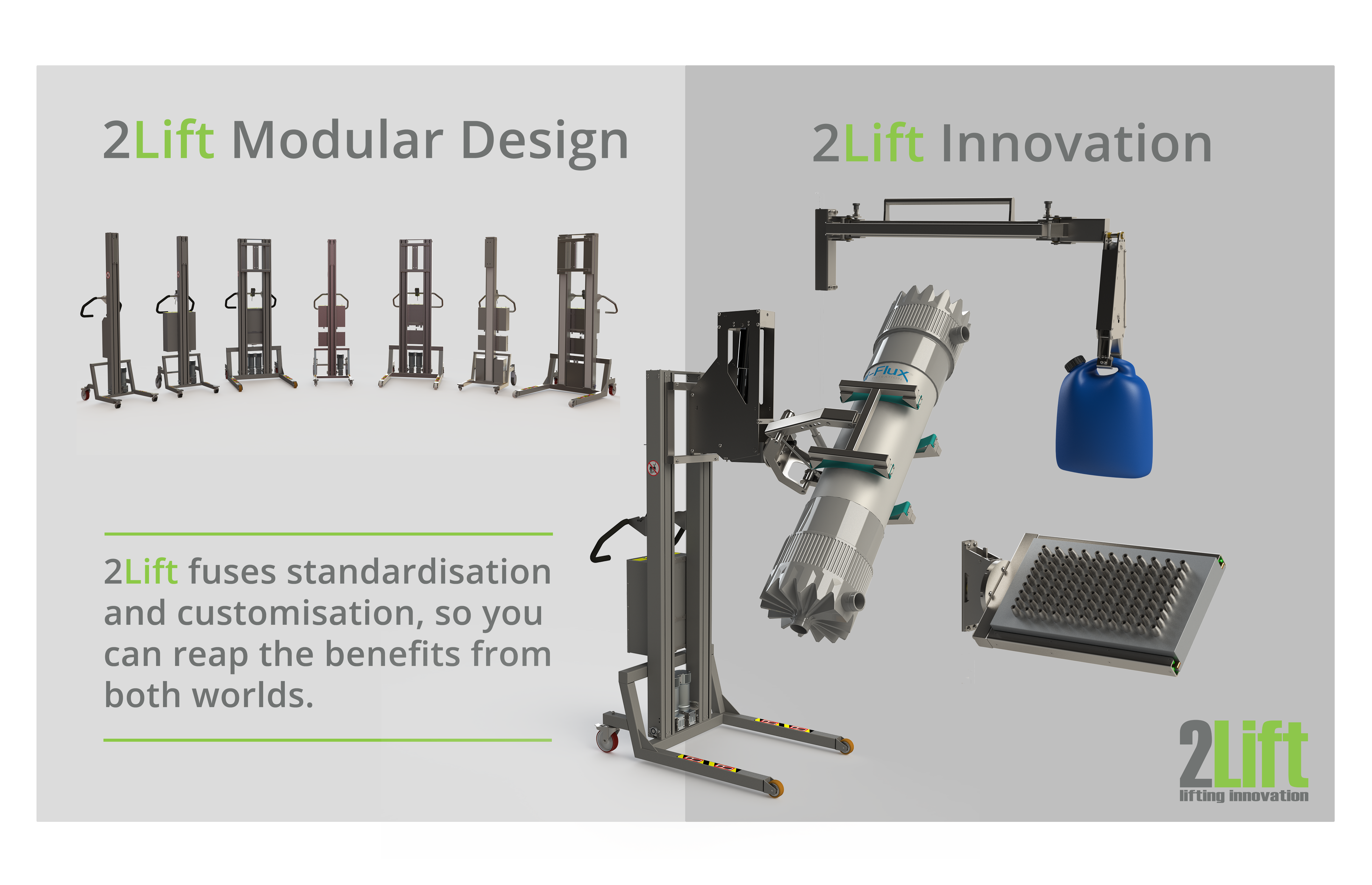 Bespoke industrial material handling equipment. Fusing modular design and innovation. 2Lift ApS.