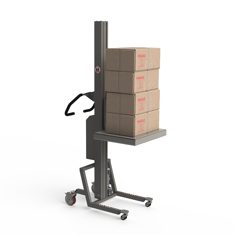 Easy lifter machine with plastic platform for handling e.g. boxes.