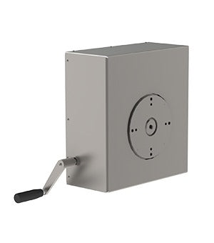 Manual rotation unit (MRU) for rotating heavy loads. This flexible rotation tool combined with either drum, roll or cylinder handling equipment allows for safe manual turning of loads via a handle.
