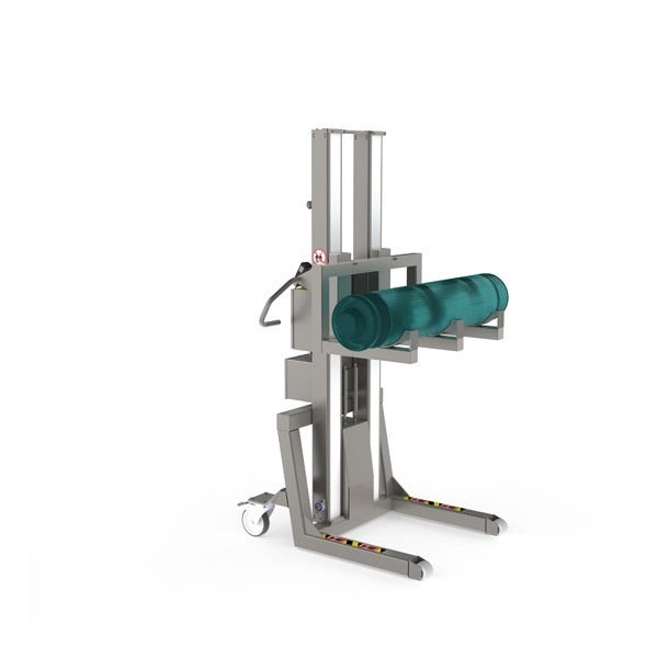 This customised industrial material handling solution consists of a fork with semicircular supports and an extra arm for added stability.