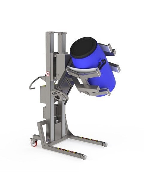 This cleanroom drum handler in stainless steel consists of a manual linear lift clamp mounted on an electric rotation tool.